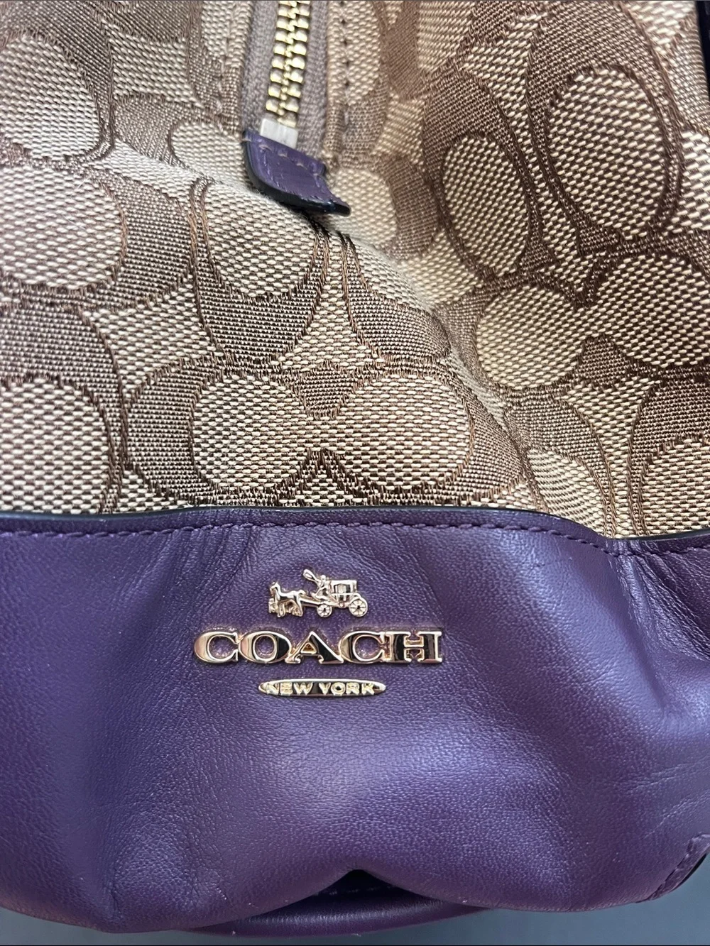Coach Brown Signature Jacquard Shoulder Bag with Purple Trim. 3 compartments.GUC